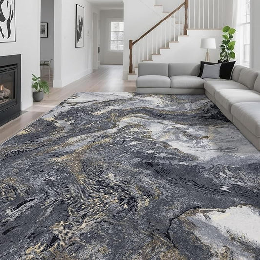 Abstract 9x12 Area Rugs: Modern Washable Rug for Living Room Bedroom Dining Room Indoor - Thin Low Pile Non-Slip Large Carpet - Black Gold