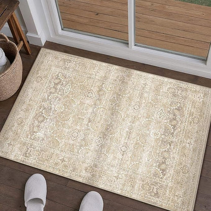 HUGEAR 2x3 Washable Area Rug Beige Vintage Neutral Small Entryway Rug Soft Non Slip Distressed Carpet Low Pile Pet Friendly for Bathroom Kitchen Hallway Porch Foyer