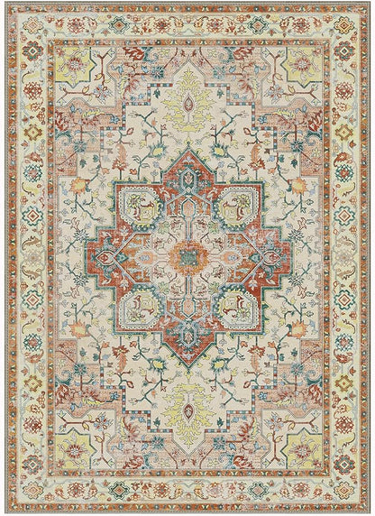 GENIMO 8x10 Area Rugs for Living Room, Machine Washable Non Slip Vintage Retro Rugs, Low Pile Lightweight Chenille Print Rug for Bedroom, Dining Room, Home Office,Floral Blossom