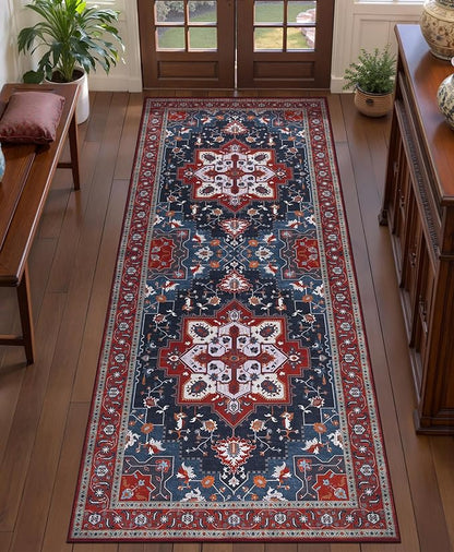 Tangsoo 2x6 Washable Runner Rug for Hallways, Non Slip Vintage Runner Rug, Soft Boho Low Pile Long Rug Runner, Print Distressed Red Carpet Runners for Kitchen Bedroom Entryway Living Room Oriental