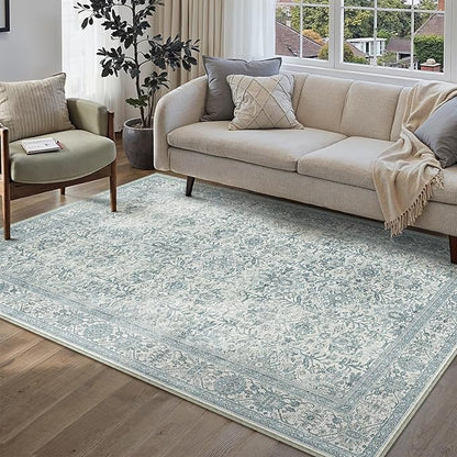 Vintage Area Rug 5x7 Blue Washable Living Room Large Carpet Non Slip Bedroom Indoor Office Low Pile Traditional Distressed Retro Accent Rug for Dining Room Bathroom Kitchen