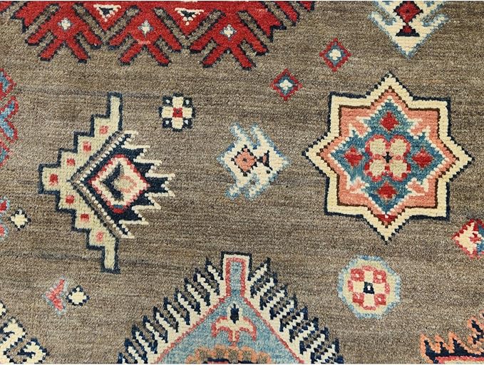 Taupe Brown Special Kazak with All Over Pattern Natural Dyes Organic Wool Hand Knotted Round Oriental Rug (9'x9')