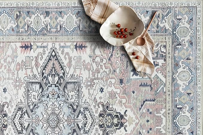 Fame Living Faded Oushak Rug, Turkish Vintage Floral Pastel Large Oversized Area Rugs for Living Room Dining Bedroom Kitchen Bathroom Nursery (848CrNv, 2' x 3')