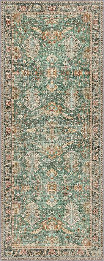 2x5 Hallway Runner Rugs Non Slip Washable Runner for Entryway Bathroom Kitchen Bedroom, Boho Green Runner, Thin Low Pile Chenille Carpet with Rubber Backing, Dark Sage/Gold