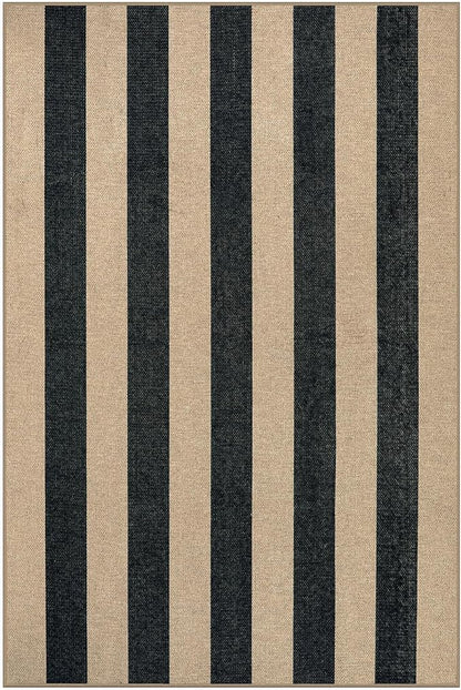 Lahome Striped Easy Jute Dining Room Rug, 6x9 Indoor Outdoor Rugs for Patio Living Room, Farmhouse Neutral Non Slip Low Pile Black Carpet for Bedroom Office Backyard Classroom
