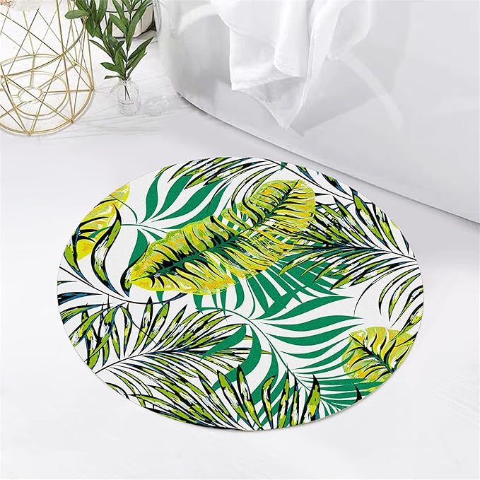 Tropical Round Rug 7ft, Watercolor Palm Leaves Pattern Low Pile Circle Carpet, Non-Slip Washable & Non-Shedding Indoor Mat for Bedroom, Entrance, Office Decor