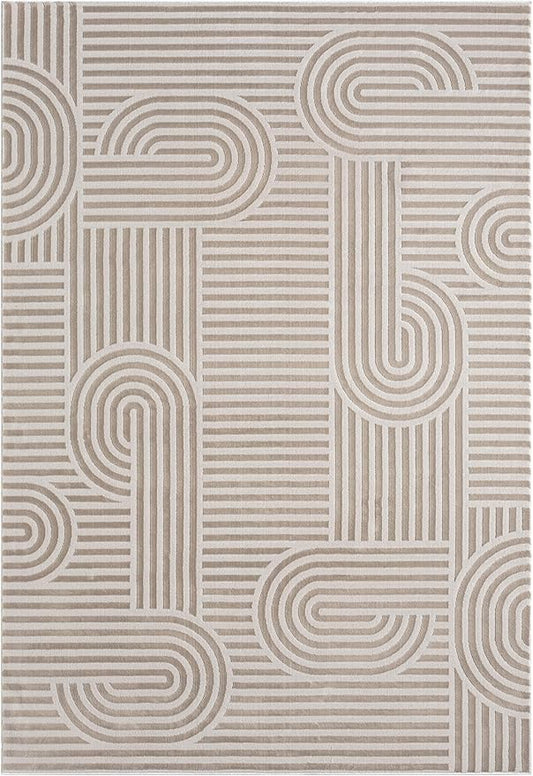 Annabel Modern Geometric Area Rug for Living Room, 5x7 Contemporary Arched Linear Beige Neutral Rug, Stain Resistant Non-Shedding Carpet for Bedroom, Dining Room or Kitchen (5' x 7', Beige)