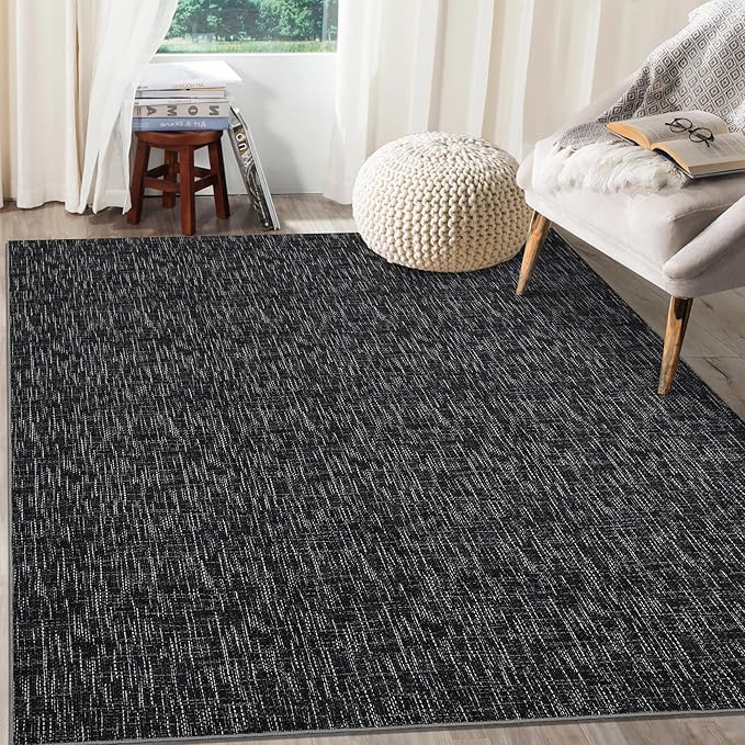 RUGSREAL Area Rug 5x7 Machine Washable Area Rug for Living Room Non-Slip Stain Resistant Modern Abstract Bedroom Rug Contemporary Solid Throw Rug Foldable Accent Floor Carpet for Dining Room, Black