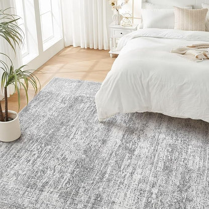Area Rug Living Room Rugs - 8x10 Abstract Large Soft Indoor Washable Rug Neutral Modern Low Pile Carpet for Bedroom Dining Room Farmhouse Home Office - Vintage Grey