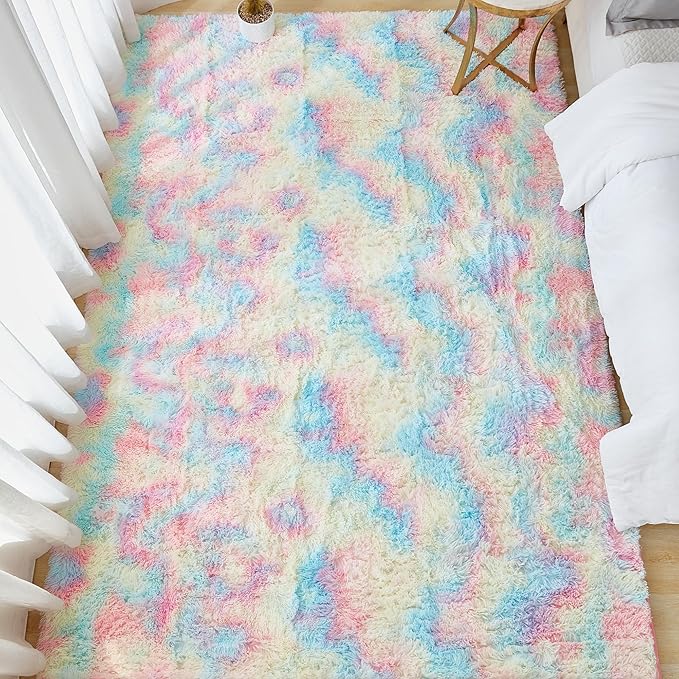 Andency 6x9 Area Rugs, Large Shag Fluffy Soft Shaggy Rugs for Living Room Bedroom, Non-Slip Tie-Dyed Rainbow Thick Plush Carpet for Kids Girls and Boys, Dorm Nursery Home Decor Aesthetic