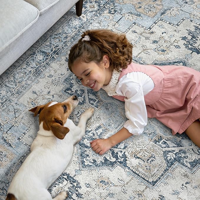 GENIMO Runner Rug 2x7, Machine Washable, Non Slip Vintage Hallway Runner Rug, Low Pile Lightweight Rugs for Entryway, Hallway, Corridor and Kitchen, Blue