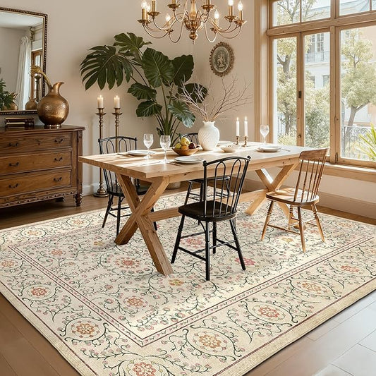 GarveeHome Boho 6x9 Area Rug for Living Room, Floral Vintage Rugs for Bedroom with Soft Low Pile, Non Slip Stain Resistant Botanical Washable Rug 6x9 for Dining Room Camel Carpet for Dorm Office
