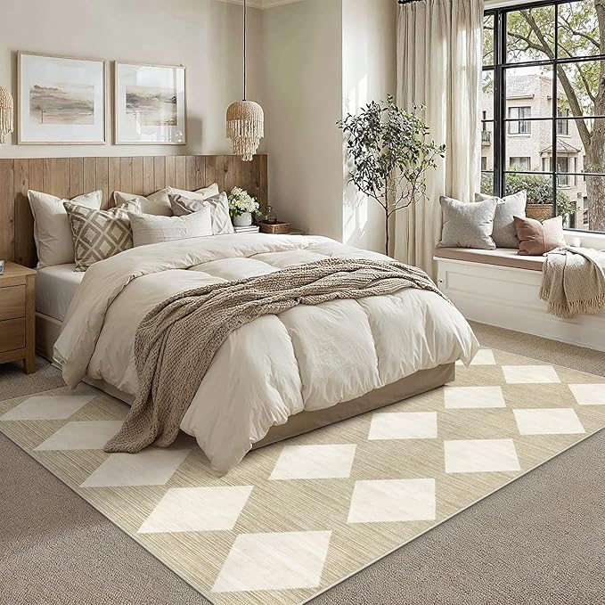 9x12 Checkered Area Rugs for Living Room Beige Machine Washable Large Rug Non-Slip Stain Resistant Low Pile Boho Accent Indoor Throw Carpet for Bedroom Dining Room Home Aesthetic Decor