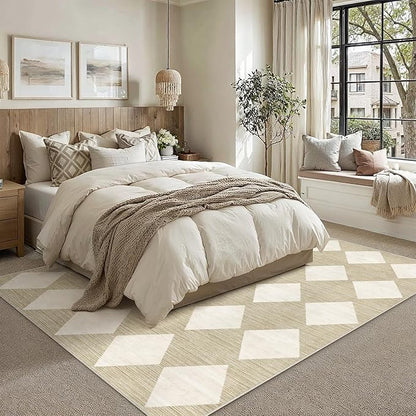 5x7 Checkered Area Rugs for Living Room Beige Machine Washable Large Rug Non-Slip Stain Resistant Low Pile Boho Accent Indoor Throw Carpet for Office Bedroom Dining Room Classroom