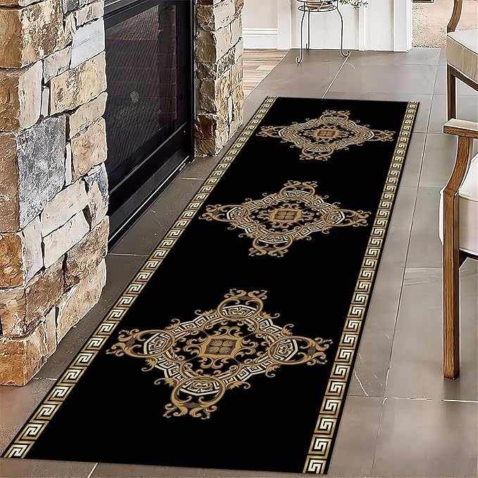 Vintage Baroque Art Long Hallway Rugs Runners, 2.6x10ft, Luxury European Geometric Living Room Rug, Gold Greek Meandering Soft Washable Mats, Shed Resistant Pet Friendly Carpet for Indoor