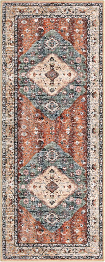 KOZYFLY Runners for Hallways 2x5 Ft Washable Kitchen Runner Rug Boho Runner Rug for Entryway Indoor Rust/Orange/Blue Printed Oriental Faux Wool Floor Carpet Runner for Laundry Room Kitchen Hall