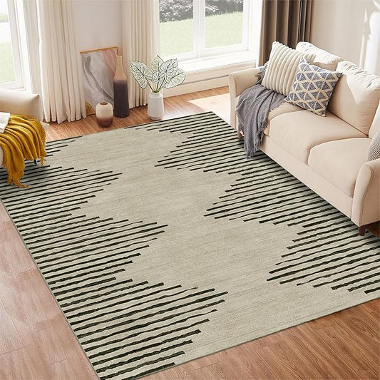 HelloTree Area Rug for Living Room 6x9 Washable Geometric Moroccan Rug Stripe Farmhouse Bohemian Minimalistic Non Slip Non Shedding Ultra Thin Soft Rug for Bedroom Office DiningRoom Nursery-Cream