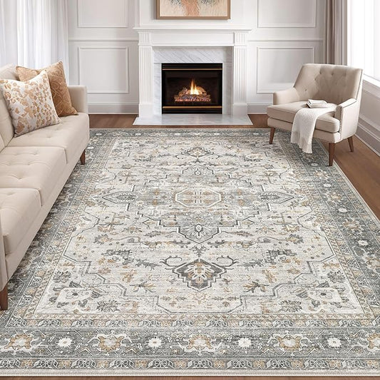 8x10 Area Rugs Living Room: Washable Boho Large Neutral Vintage Soft Rug Stain Resistant Distressed Farmhouse Non-Slip Indoor Floor Carpet for Bedroom Nursery Kids Office Dining Room- Taupe