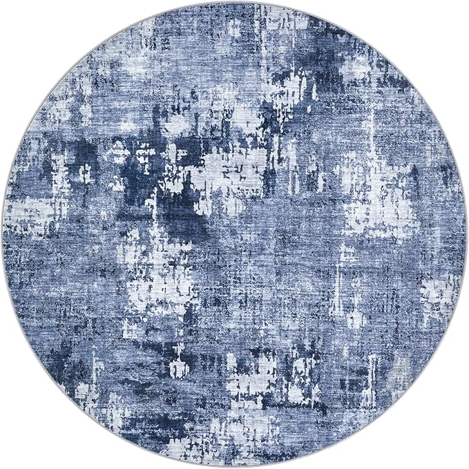 5ft Round Area Rug Living Room Rugs - 5x5 Washable Large Soft Indoor Neutral Modern Abstract Low Pile Rug Carpet for Bedroom Dining Room Farmhouse Home Office - Navy Blue