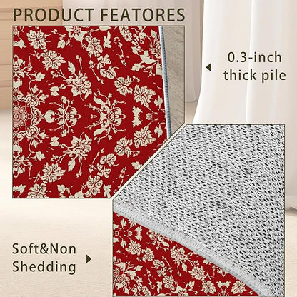 Red Flower Carpet for Living Room, 3x5 Non-Slip Washable Low Pile Abstract Design Rug, Space Saving Area Rug for Bedroom, Dining Room