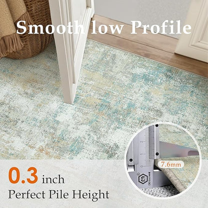6x9 Washable Area Rug Teal Beige Abstract Living Room Bedroom Carpet Neutral Modern Non-Slip Soft Low Pile Lightweight Vacuumable Throw Rug for Dining Room Kitchen