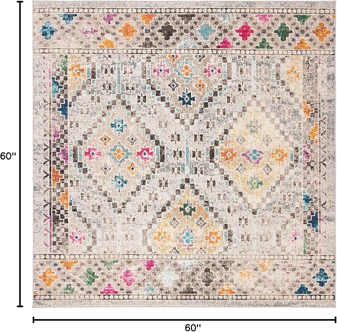 SAFAVIEH Madison Collection Area Rug - 5' Square, Grey & Yellow, Boho Diamond Distressed Design, Non-Shedding & Easy Care, Ideal for High Traffic Areas in Living Room, Bedroom (MAD418F)