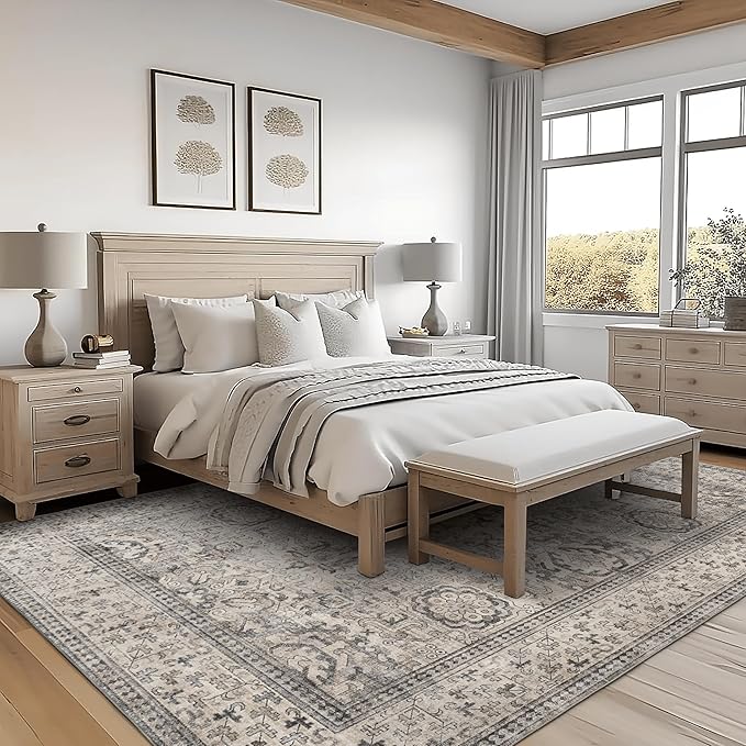 ReaLife Rugs Machine Washable Area Rug - Living Room Bedroom Bathroom Kitchen Entryway Office - Padded Low Pile Stain Resistant Premium - Boho Farmhouse Vintage - Paz - Beige Gray Ivory 5' x 7'