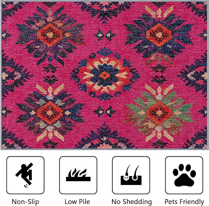 Southwestern Large Rug - 7x9 Area Rug - Ethnic Vintage Floral Medallion Rugs for Living Room Non Slip Low Pile Machine Washable Dining Room Rugs, Southwestern Carpet Home Decor & Gifts
