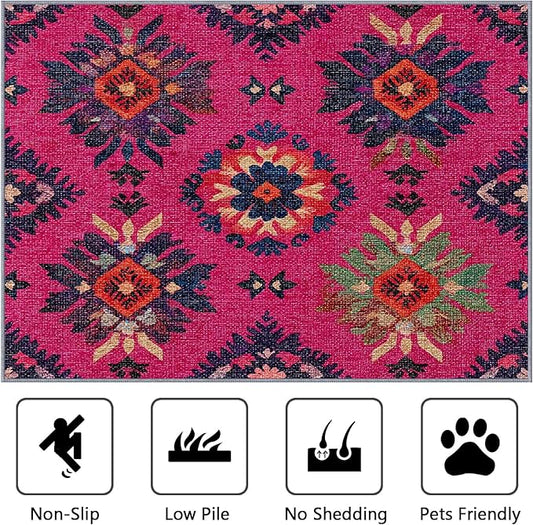 Southwestern Washable Rugs - 5x8ft - Ethnic Vintage Floral Medallion Rugs for Living Room Non Slip Low Pile Area Rug for Bedroom, Southwestern Carpets Room Decor & Gifts
