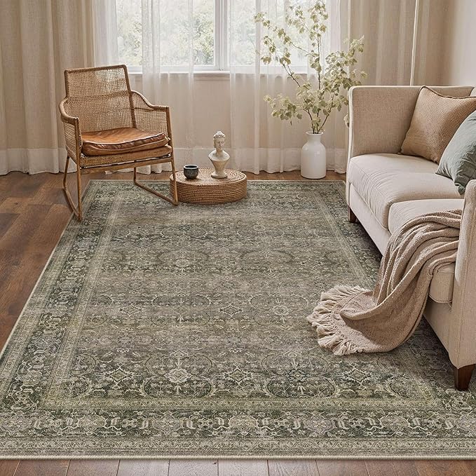 HUGEAR 5x7 Area Rug Taupe Washable Vintage Neutral Bedroom Rug Soft Non Slip Distressed Carpet Low Pile Pet Friendly for Living Room Bedside Dining Room