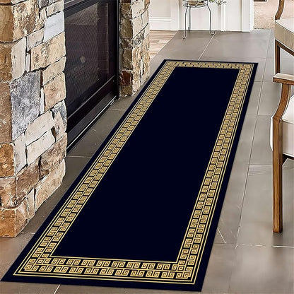 Modern Geometric Meandering Throw Carpet Runner for Entrance, 4x10ft, Orange Geometric Design Carpets for Entryway, Navy Blue Background Cozy Foldable Dirty Resistant Rug for Sofa Office