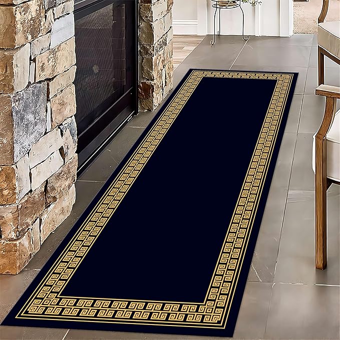 Modern Geometric Meandering Throw Carpet Runner for Entrance, 2x8ft, Orange Geometric Design Carpets for Entryway, Navy Blue Background Cozy Foldable Dirty Resistant Rug for Sofa Office