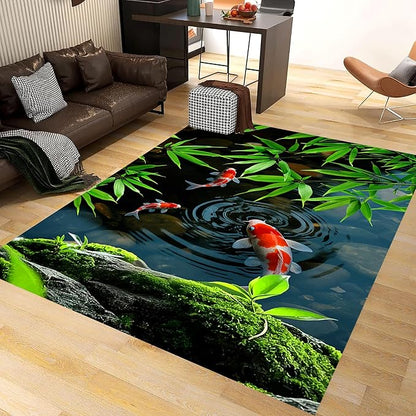 Pond Koi Fish Living Room Rug, 6x8ft, Summer Greenery Moss Stream Indoor Decor Carpet, with Non-Slip Backing Absorbent Thin Mat, Soft Easy Clean Washable Rugs for Office Entryway