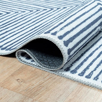 Bloom Rugs Washable Non-Slip 7 ft Runner - Blue/Ivory Striped Runner for Entryway, Hallway, Bathroom, and Kitchen - Exact Size: 2.5' x 7'
