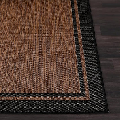 CAMILSON Indoor Outdoor Rug, 8x10 Bordered Nut Brown Black Modern Area Rugs for Indoor and Outdoor Patios, Kitchen and Hallway Mats, Washable Porch Deck Outside Carpet (Bordered Nut Brown, 8 x 10)