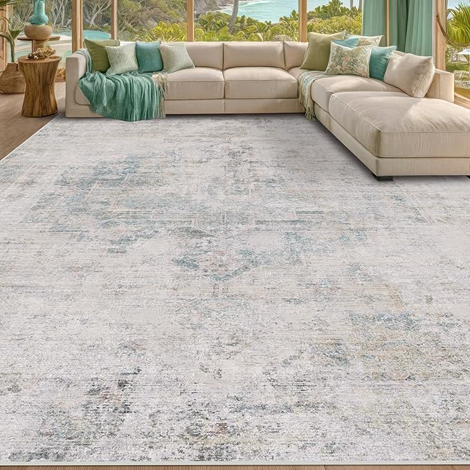 Modern Farmhouse Area Rug for Living Room - 10x14 Blue Gray Big Rug for Dining Room Table, Lightweight Foldable Low Pile Washable
