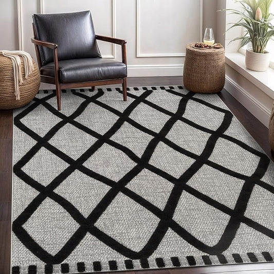 CAMILSON Modern Rug 6x9 Luxury Diamond Pattern Micro Loop Area Rugs Soft High-Low Pile Stain Resistant Easy to Clean Non-Shedding Durable Living Room Office Indoor Carpet (Black/Gray)