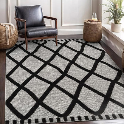 CAMILSON Modern Rug 8x10 Luxury Diamond Pattern Micro Loop Area Rugs Soft High-Low Pile Stain Resistant Easy to Clean Non-Shedding Durable Living Room Bedroom Indoor Carpet (Black/Gray)