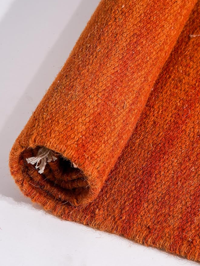 Rugsotic Carpets Hand Woven Flat Weave Kilim Wool ECO-Friendly Area Rugs - 9'x12', Rectangle Shape, Dark Orange Color, Solid Plain Design, Low Pile Handmade Rugs for Living Room (D00111)