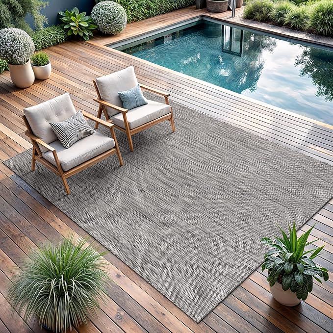 CAMILSON Outdoor Rug 10x14 Modern Area Rugs for Large Indoor and Outdoor Patios and Porches - Waterproof, Washable, Non-Shedding, Easy-to-Clean Outside Carpet (10 x 14, Solid - Silver Gray)