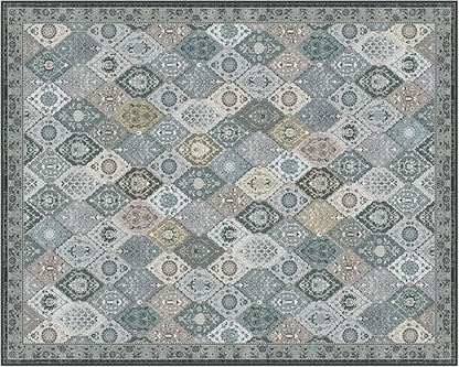 Phantoscope Washable Area Rug 8'x10' Non-Slip, Vintage Boho Rugs for Living Room, Bedroom, Dining Room, Distressed Moroccan Mosaic Diamond Pattern, Low-Pile Foldable Floor Carpet, Grey Charcoal