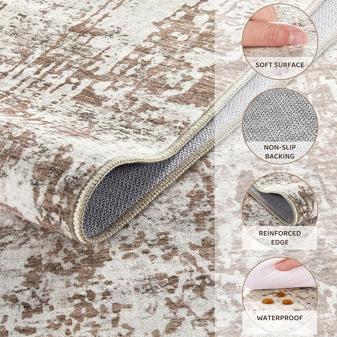 Area Rug Living Room Rugs - Washable Neutral Modern Abstract Soft Thin Rug Indoor Floor No Slip Rug Carpet for Bedroom Under Dining Table Home Office Decor - Brown/Grey/Red - 5x7