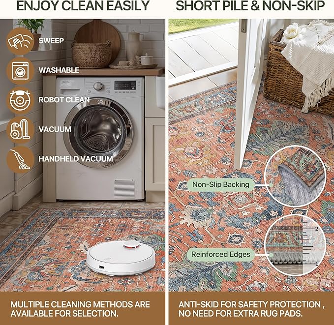 Bavni Bedroom Rug Runners for Hallways, Washable Runner Rug 2x10, Low Pile Non-Slip Indoor Throw Carpet for Bedroom Laundry Room, Terracotta/Blue