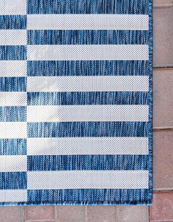 Unique Loom Outdoor Striped Collection Area Rug - Striped (6' 1" x 9' Rectangle, Blue/Ivory)