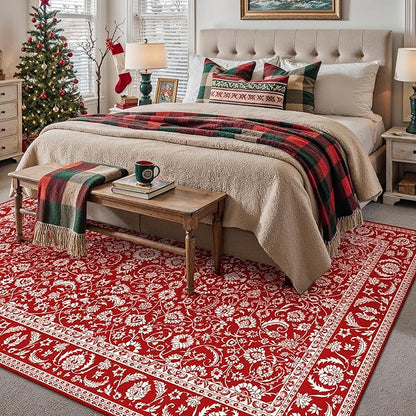 HUGEAR Christmas 9x12 Machine Washable Rugs Red Hallway Large Area Rug Indoor Accent Rug Floral Low Pile Carpet Soft Throw Aesthetic Rug Bedroom Living Room Office Dining Room Kitchen Laundry Room