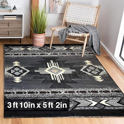 YHSF South West Native American Area Rug C318 - Easy Clean, Thick, Soft, Durable Native Tribal American Indian Inspired Rug for Bedroom/Living Room and More - Grey, 3 Feet 10 Inches x 5 Feet 2 Inches