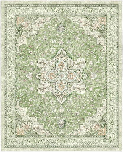 Marsail 8x10 Machine Washable Area Rug, Soft & Slip-Resistant Large Area Rug with Reinforced Bound Edges, Vintage Short-Pile Washable Rug with Floral Pattern for Living Room, Dinning Room and Bedroom