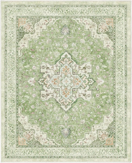 Marsail 8x10 Machine Washable Area Rug, Soft & Slip-Resistant Large Area Rug with Reinforced Bound Edges, Vintage Short-Pile Washable Rug with Floral Pattern for Living Room, Dinning Room and Bedroom