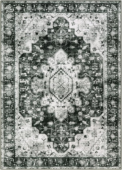 Moynesa Ultra-Thin Washable Vintage Area Rug - 3x5 Boho Entryway Rug Oriental Medallion Living Room Mat Non-Slip Non-Shedding Stain Resistant Indoor Accent Carpet for Kitchen Bedroom, Black/White