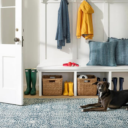 Dash & Albert Temple Ink Machine Washable Rug, 7.5 X 9.5 Feet, Blue Geometric Pattern